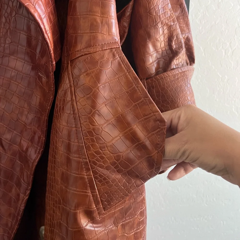 Nasty Gal Brown Oversized Faux Leather Croc Embossed Trench Coat XXL - Picture 8 of 12